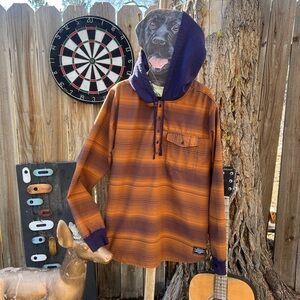 Analog (Burton) Striped Orange and Blue Men's Hooded Pullover Button Shirt.